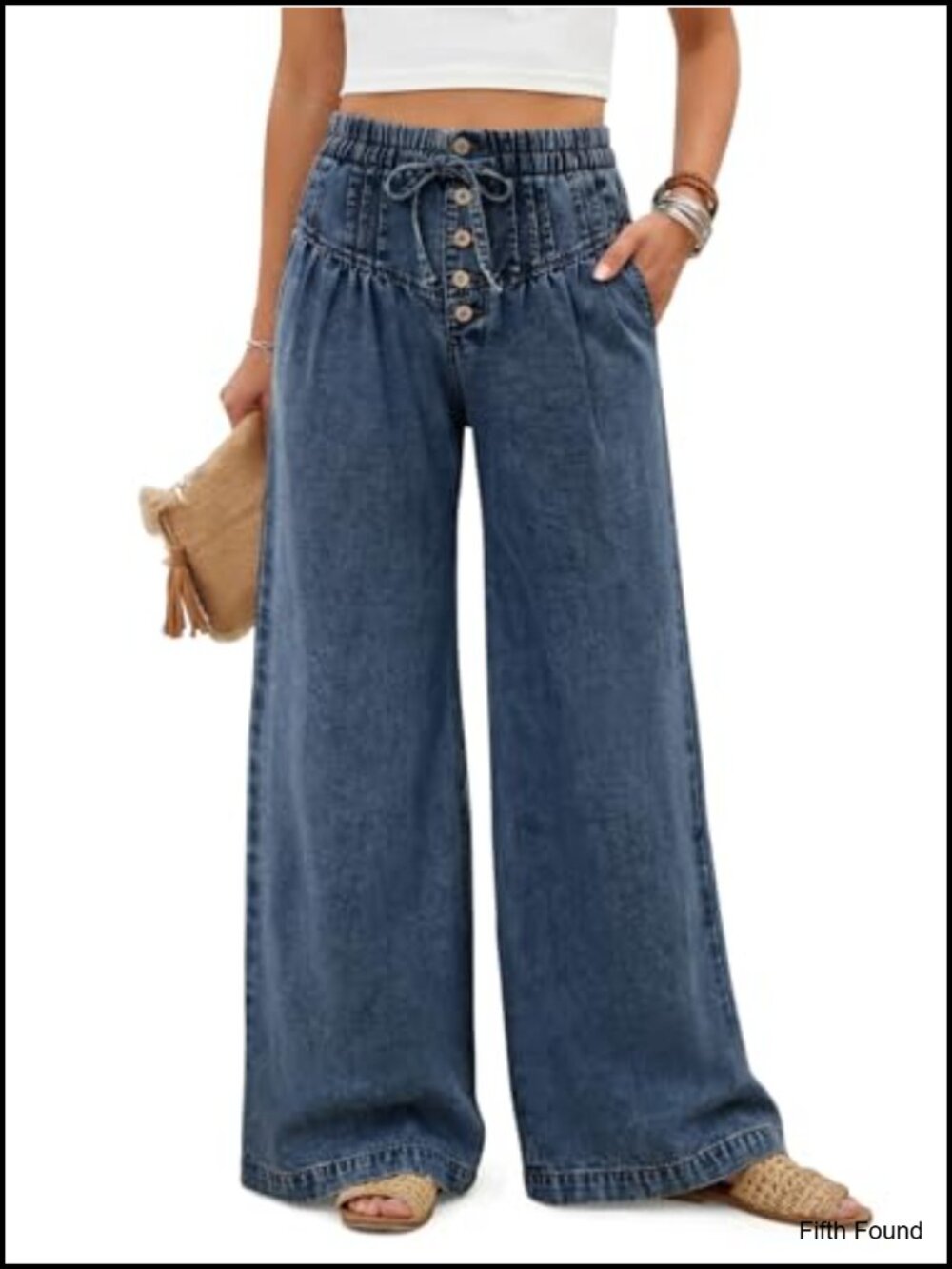 Wide Leg Palazzo Jeans with Drawstring Waist and Pockets